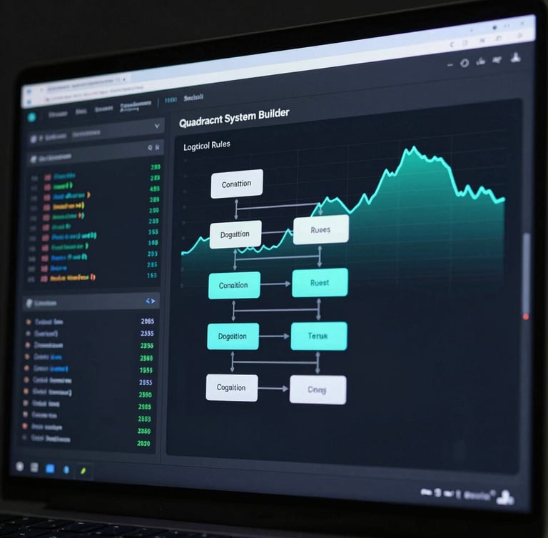 High-fidelity, crisp UI screenshot of the Quadrant System Builder interface. A dark-mode dashboard showing drag-and-drop logical rules, conditional logic gates, and a glowing cyan backtest performance curve against a deep obsidian background. Monospaced data grids and slate borders are visible. Lit only by screen glow.