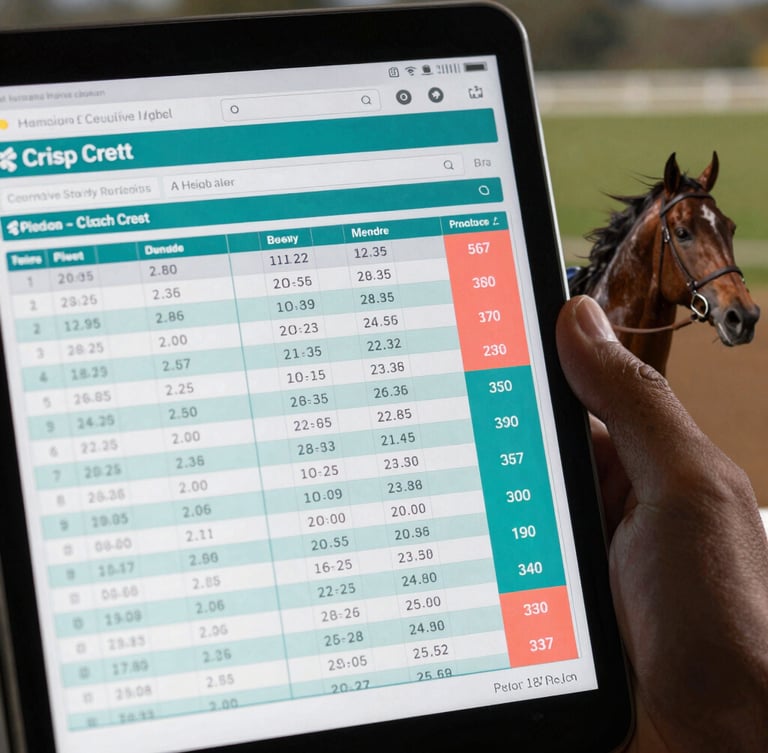 Crisp UI screenshot of a high-density horse racing interactive card, showing detailed historical form grids, jockey metrics, and live Betfair market pressure indicators in cyan and coral.