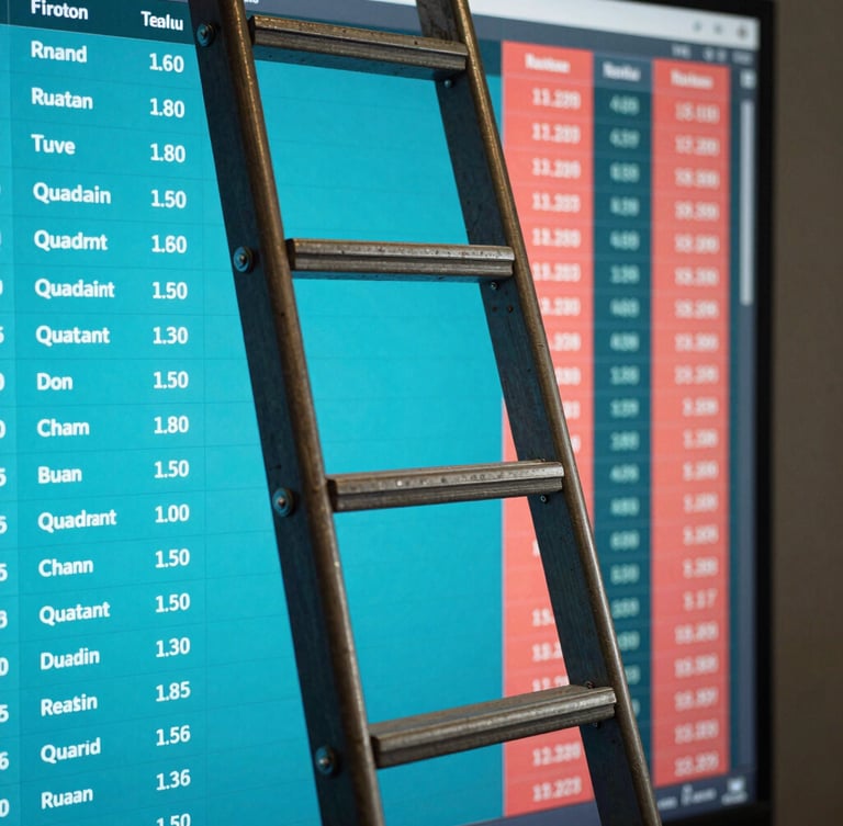 A close-up high-fidelity screenshot of the Quadrant ladder trading interface, showing active cyan back columns and coral lay columns with real-time volume figures.