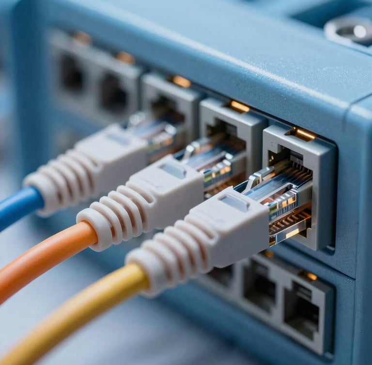 Sharp industrial photography, close-up macro shot of perfectly combed and color-coded Cat6 network cable bundles entering a patch panel, clean architectural lighting, cool blue tones, 35mm