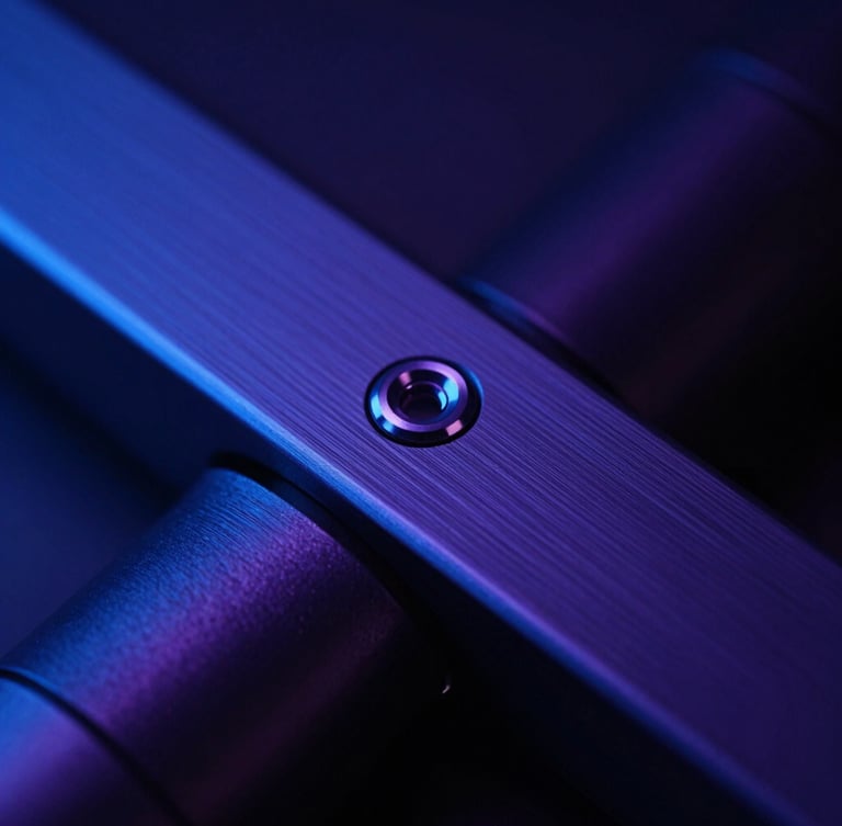 Sleek close-up of dark brushed metal hardware with high-contrast electric blue ambient light, macro lens, shallow depth of field, sharp clean lines
