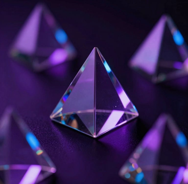 Sleek tech photography, dark ambient lighting with violet and electric blue neon glow, macro shot of clean geometric glass prisms reflecting light, shallow depth of field