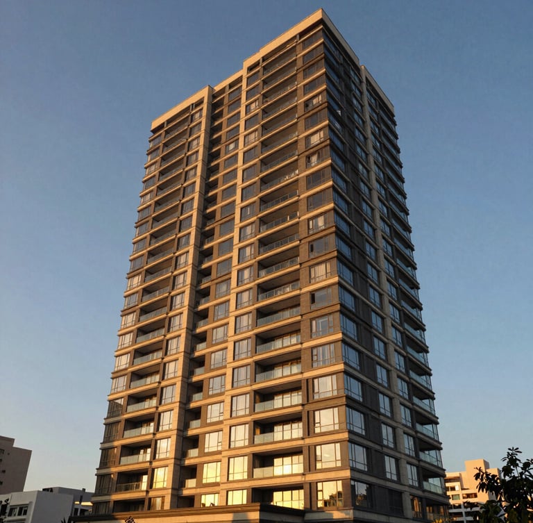 Vista em ângulo de um moderno edifício residencial de alto padrão ao entardecer, iluminação dourada refletindo nas janelas de vidro, céu limpo, arquitetura contemporânea.