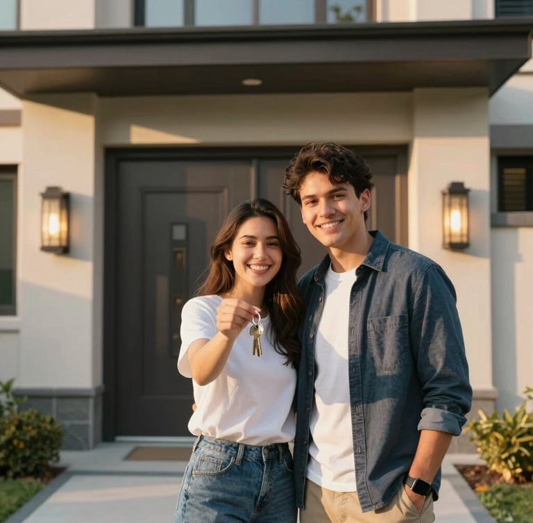 Happy young couple holding keys to their new home in front of a modern residential entrance, warm golden hour light.