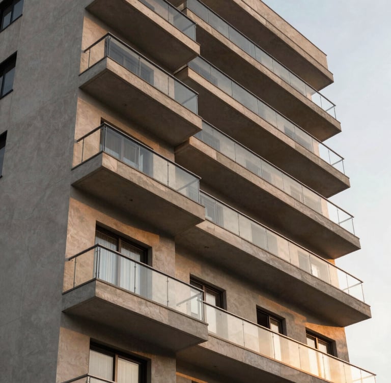 Modern apartment building facade in Suzano, clean architectural lines, warm sunset light reflecting on glass balconies, professional framing.