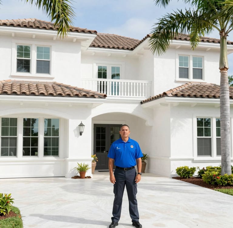 Bright architectural photography, clean high-key tones. A uniformed technician in a vivid cobalt blue polo shirt and dark gray pants stands beside a high-end Southwest Florida home with stucco walls, tile roof, and palm trees.