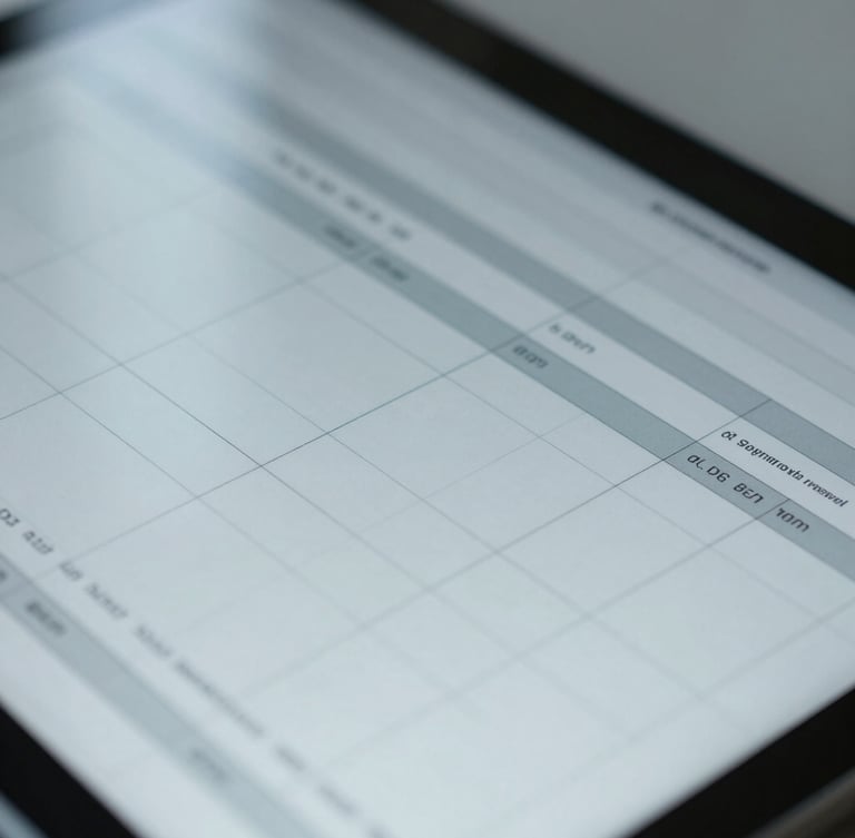 An extreme close-up of a financial balance sheet on a tablet screen, cool diffused office daylight, sharp corporate grid lines, 35mm