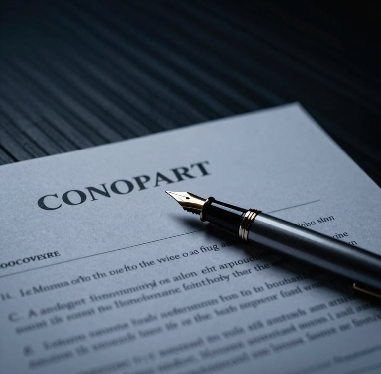 Close-up of a high-end legal contract with a polished fountain pen resting on it, dramatic side lighting, deep navy and charcoal tones, sharp architectural lines, cinematic, 35mm.