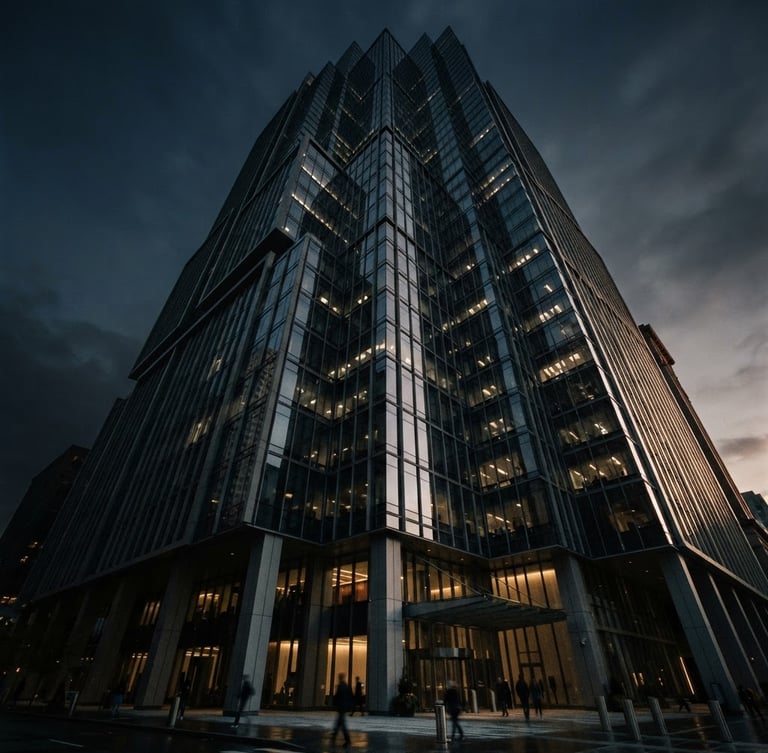 Fachada de un edificio corporativo moderno e imponente de cristal y acero, al atardecer, con luz lateral dramática que proyecta sombras profundas. Ángulo contrapicado.