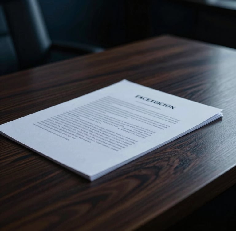Close-up of a polished, high-end wooden desk with subtle, dramatic side lighting, a single elegant legal document partially visible, deep navy and charcoal tones, cinematic, 35mm.