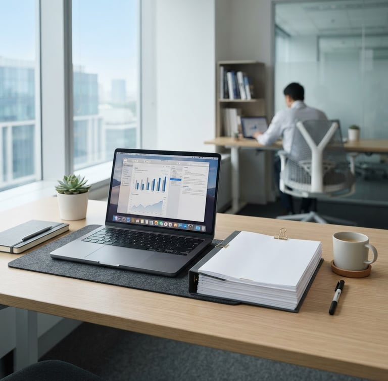 Um ambiente de escritório moderno, organizado e clean, com documentos empilhados de forma impecável e um notebook aberto, transmitindo ordem e eficiência. clean corporate photography, bright natural daylight, cool neutral tones, sharp focus, professional workspace, 35mm