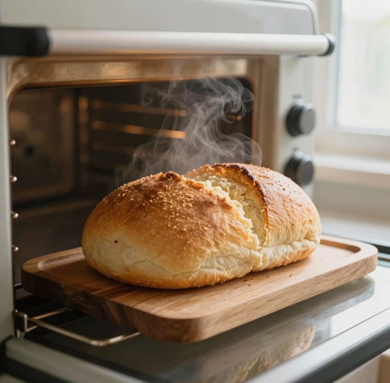 A golden-brown pan de bono sitting on a wooden peel inside a hot deck oven, steam gently rising, warm ambient glow, 35mm.