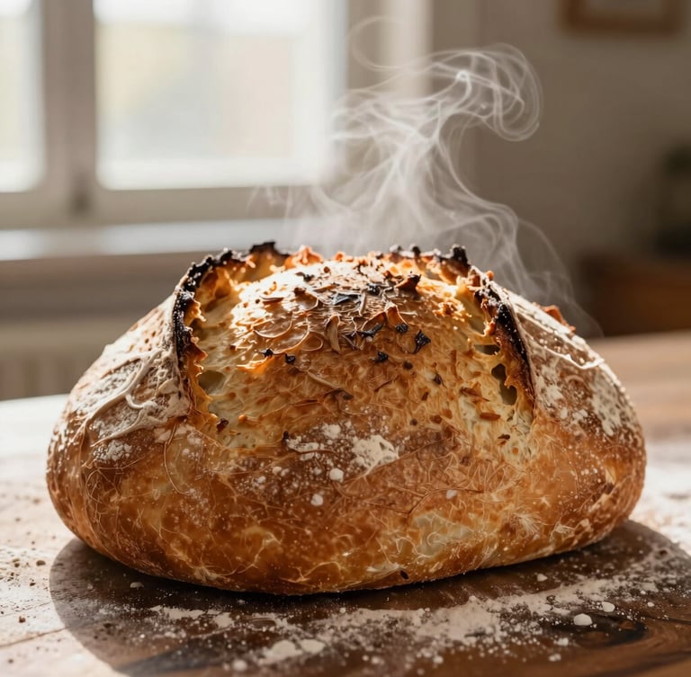 Macro close-up of a rustic golden-brown sourdough loaf freshly pulled from a deck oven, steam rising, flour dusted on a dark wooden surface, warm morning window light, shallow depth of field
