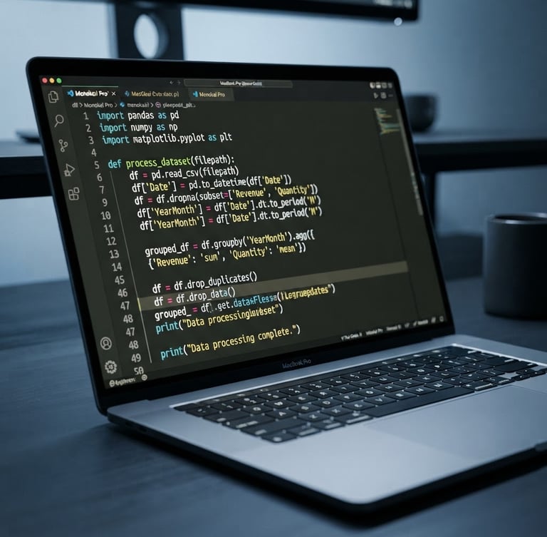 Clean screenshot of a code editor with Python code for data processing, on a minimalist desk setup with cool studio lighting, macro depth of field, blue and slate gray tones, bleeding to the right edge.
