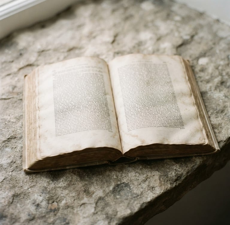 An open vintage book resting on a raw stone ledge, soft diffused north-facing daylight casting subtle shadows across the textured paper, minimalist editorial style, muted mineral tones.