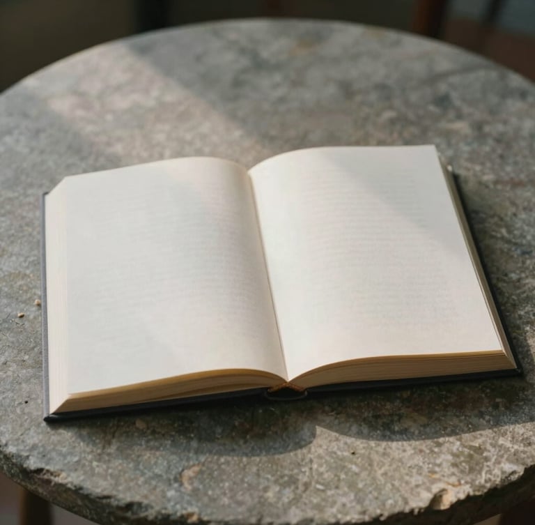 A minimalist environmental shot of an open book on a rough stone table, soft diffused north-facing daylight casting gentle shadows, matte paper texture, muted mineral tones