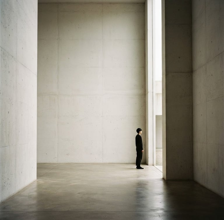 Minimalist editorial photography, soft diffused north-facing daylight. A wide environmental shot of a quiet architectural concrete space with a single contemplative silhouette standing near a tall, narrow opening. Soft shadows, stone gray and muted ivory tones, 35mm film.