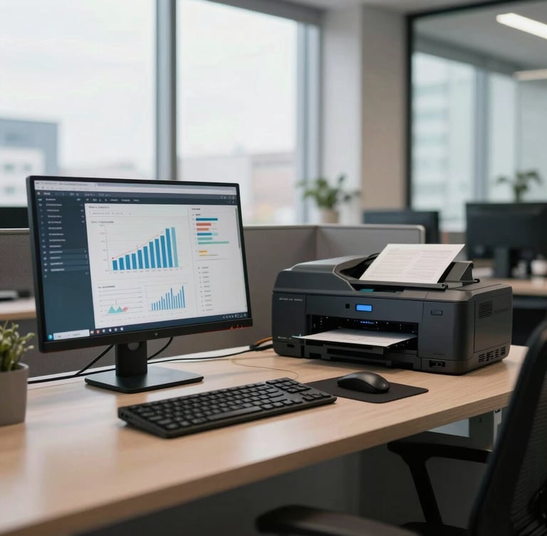 Vista lateral de una oficina moderna y luminosa, un escritorio ordenado con una pantalla que muestra gráficos de datos financieros y, al fondo, un equipo de impresión láser profesional. Luz natural de ventana.