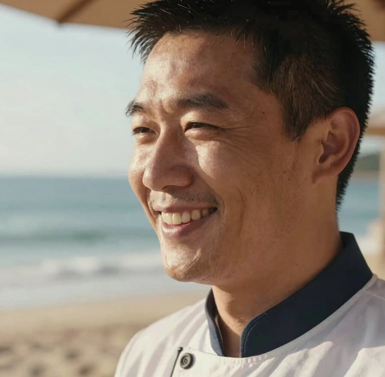 Intimate close-up of a resort hospitality worker smiling with genuine relief, warm natural coastal light