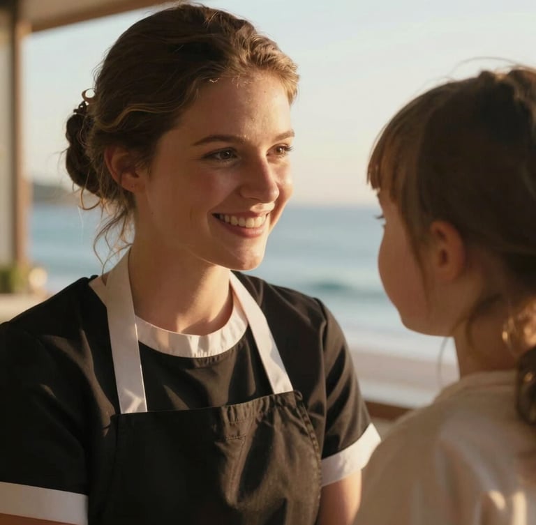 Close-up intimate shot of a resort chambermaid smiling warmly at home with her young daughter, bathed in soft golden hour coastal light, authentic and emotional.