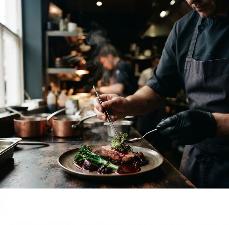 Wide panoramic view of a chef's hands plating a dish at a kitchen pass, steam rising, soft natural daylight, moody shadows, high-contrast, deep crimson and forest green tones, shallow depth of field, 35mm, chef's face not visible.