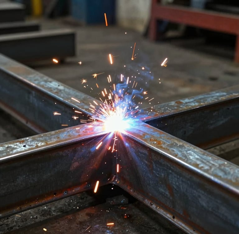 Close-up of clean MIG welds on raw heavy-gauge steel flatbed frame inside a Houston fabrication shop, high-contrast dramatic workshop lighting, warm welding sparks, 35mm photography