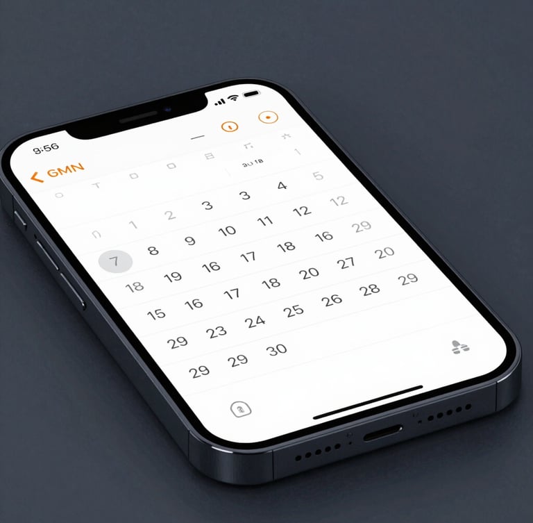 Macro shot of a modern smartphone displaying a clean calendar interface, cool slate tones, sharp studio lighting, high-end editorial