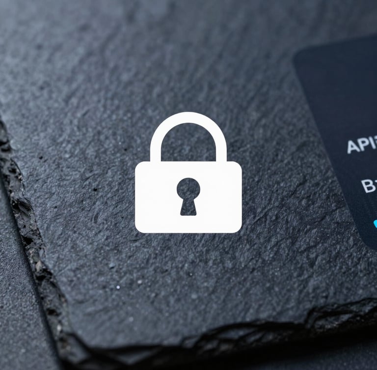 Macro shot of a clean digital interface showing secure API connection keys, cool slate tones, sharp studio lighting, 35mm