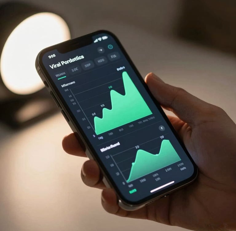 Close-up of a sleek mobile phone held in a hand, displaying a vibrant dark-mode analytics screen with bright mint-green charts showing viral product trends, soft glowing ambient studio light.