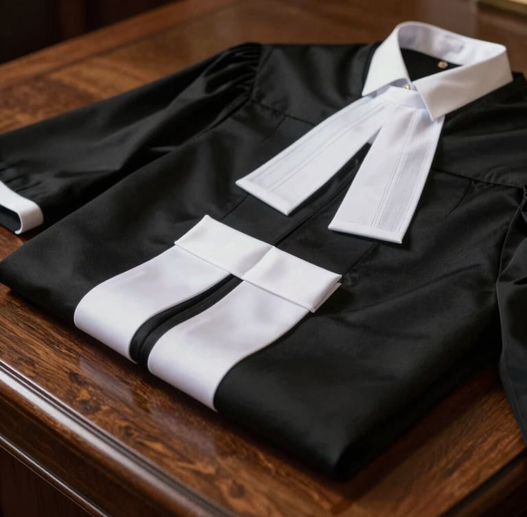 A close-up of formal court attire, a black legal robe and white bands resting on a dark polished mahogany desk, dramatic side-lighting, shallow depth of field.