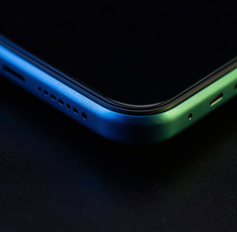Extreme close-up macro shot of a sleek modern Android phone frame, metallic edges catching sharp electric-blue light, dark high-contrast tech photography, 35mm lens