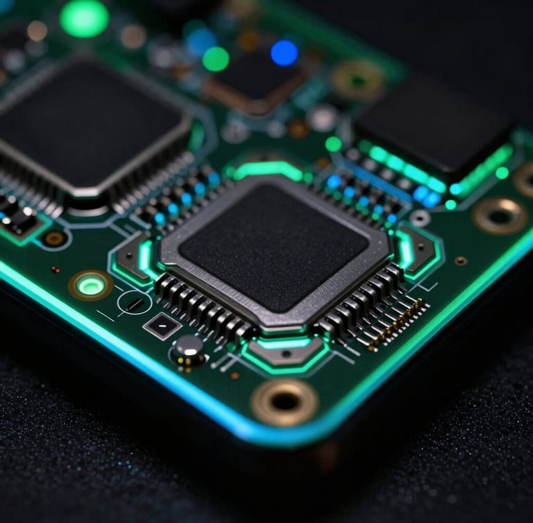 Macro close-up of a modern smartphone motherboard, glowing neon green and electric blue edge lights, sharp display pixels visible in background, dark high-contrast tech photography, 35mm lens