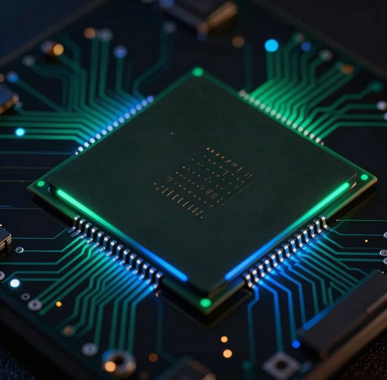 Macro close-up of a modern smartphone processor chip on a dark circuit board, glowing neon green and blue circuit traces, low-key dramatic studio lighting, sharp details, 35mm lens