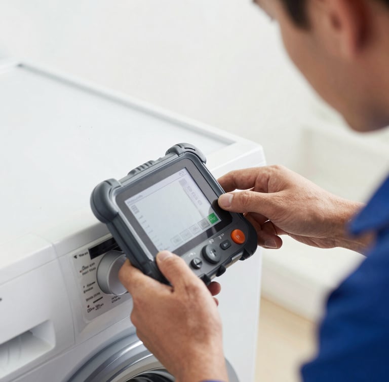 Close-up of a professional technician using digital diagnostic tools on a modern washing machine control panel, bright clean indoor lighting, sharp focus on mechanical details