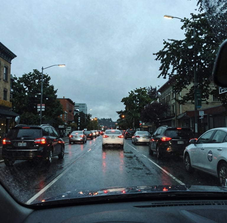 Overcast Seattle street view from inside a car, looking through a rain-streaked windshield at the glowing taillights of traffic on a wet evening, cool slate tones, 35mm.
