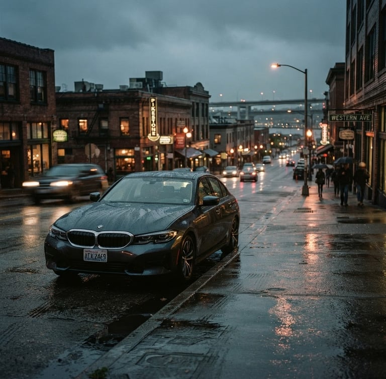 Cool editorial photography of a modern sedan parked on a wet Seattle street at twilight, soft streetlights reflecting on wet asphalt, Western Avenue context, 35mm.