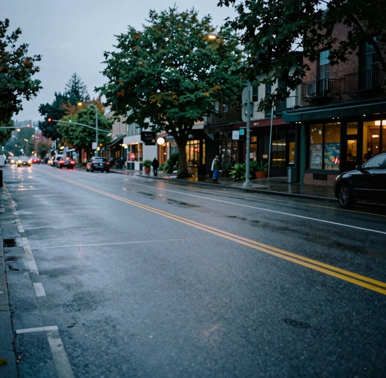 Overcast Seattle street level view of wet asphalt on Western Avenue, soft twilight lighting, 35mm editorial photography