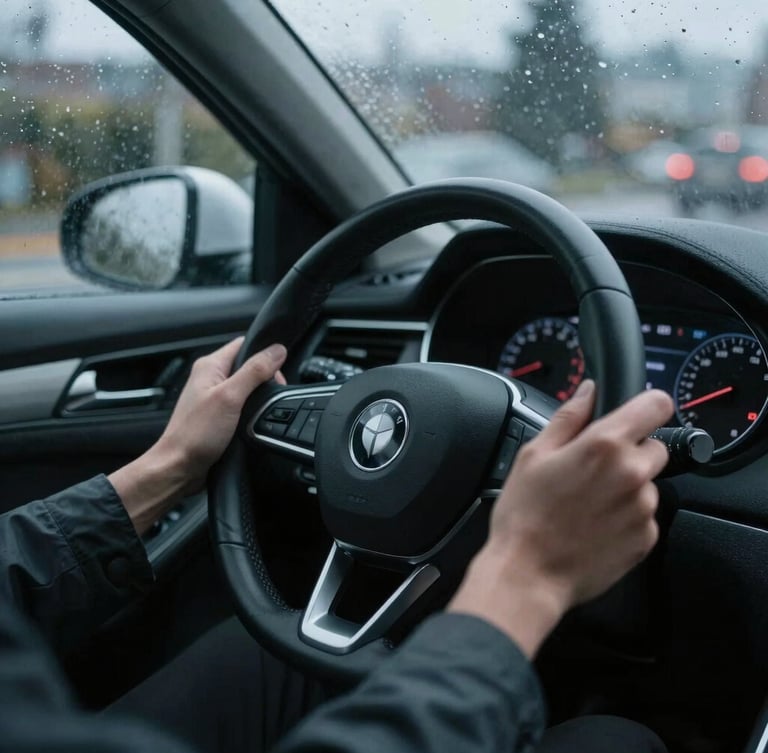 Close-up of hands on a modern steering wheel, driving through Seattle rain, soft dashboard lights glowing, cool moody tones, 35mm