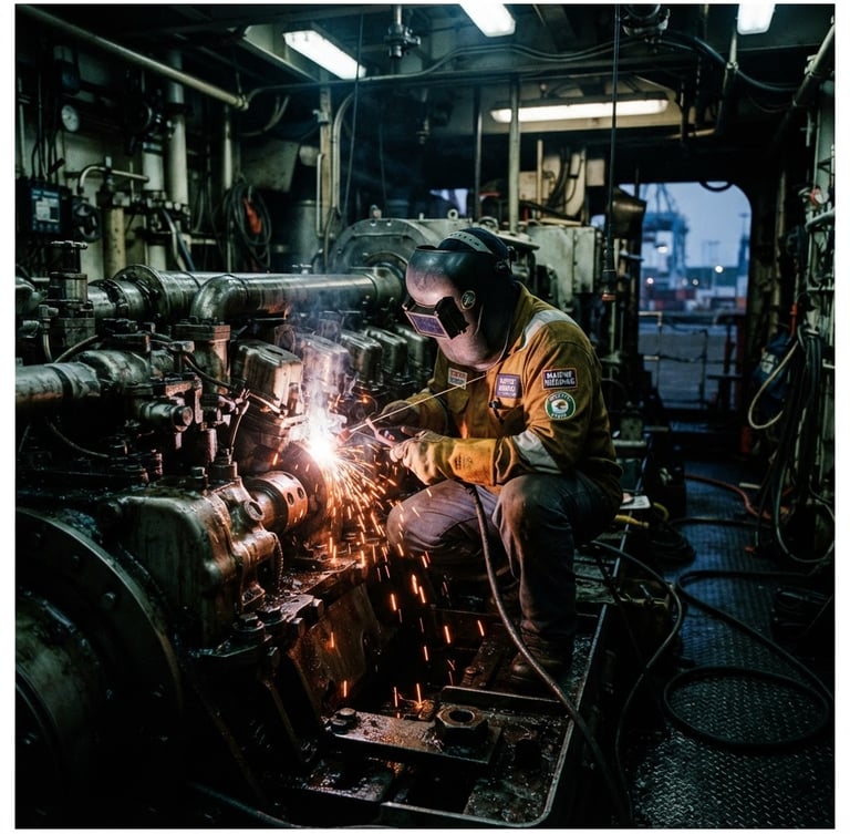 Action shot of a certified welder in protective gear working on a massive marine vessel engine, vivid safety orange sparks flying against cool steel, industrial port setting, dramatic high-contrast lighting, 35mm lens