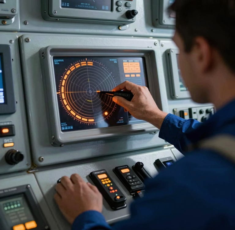 Close-up action shot of a marine electronics technician calibrating a radar control panel inside a ship bridge, cool steel tones with safety orange glowing indicators, sharp focus.