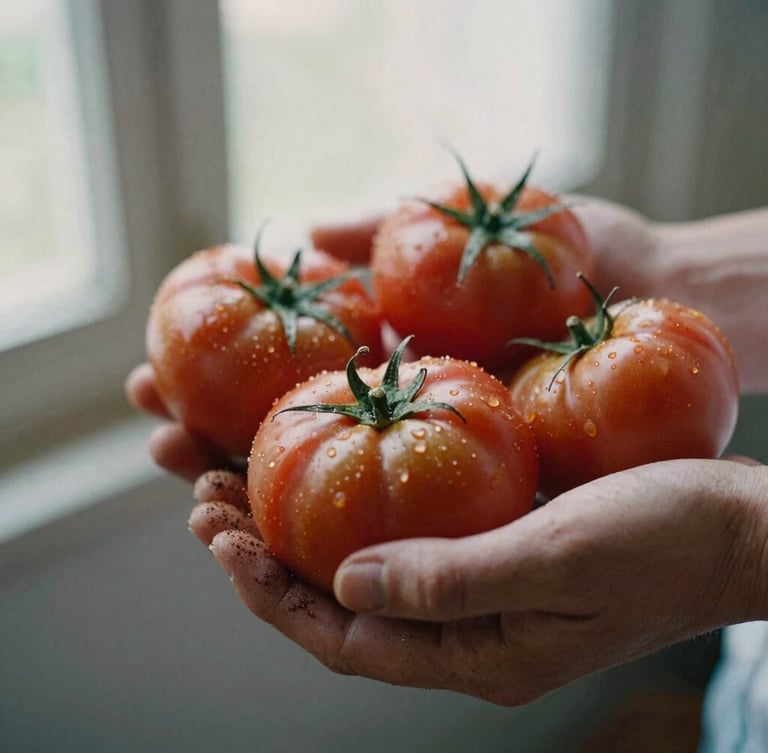 Close-up of weathered hands holding heirloom tomatoes in soft morning light, dirt on fingers, shallow depth of field, 35mm film style.