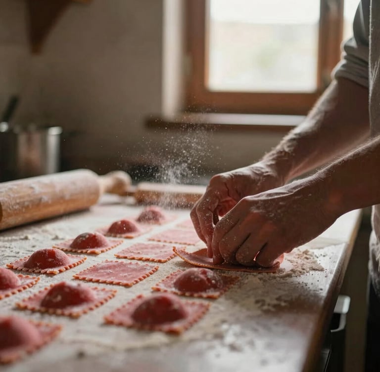 Close-up of hands prepping fresh handmade pasta in a dimly lit rustic kitchen, flour dusting the air, warm side-lit window glow
