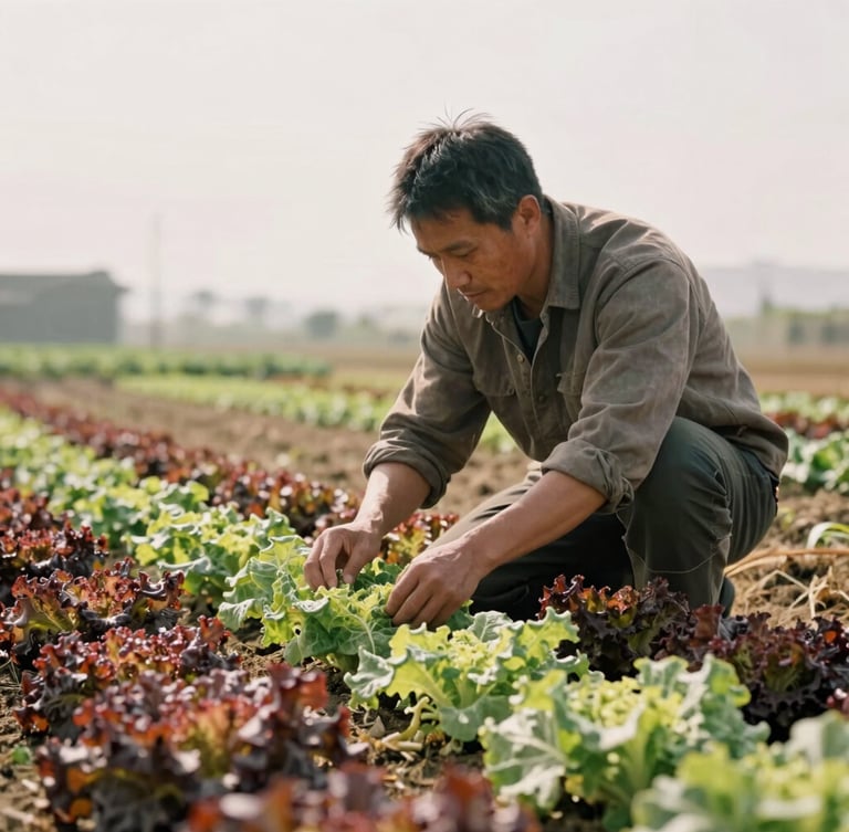 A farmer in a wide sunlit field inspecting organic leafy greens, soft overcast daylight, earthy tones, cinematic editorial composition.