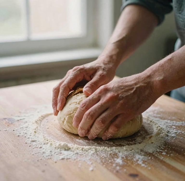 Hands kneading sourdough on a floured wooden table, soft morning window light, shallow depth of field, warm earthy tones, 35mm film