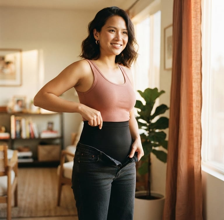 Elegant Vietnamese woman in her late 20s, smiling confidently, gently adjusting the waistband of a high-waisted shapewear garment, soft diffused golden-hour light from the right, warm editorial photography, rich skin tones and clay pink hues, 35mm lens, wide shot showing natural curves.