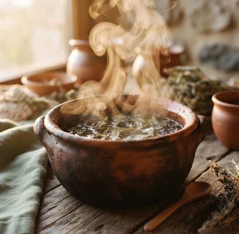 Close-up of warm herbal steam rising from a clay pot, soft filtered golden-hour light, earthy terracotta tones, tactile textures, 35mm film