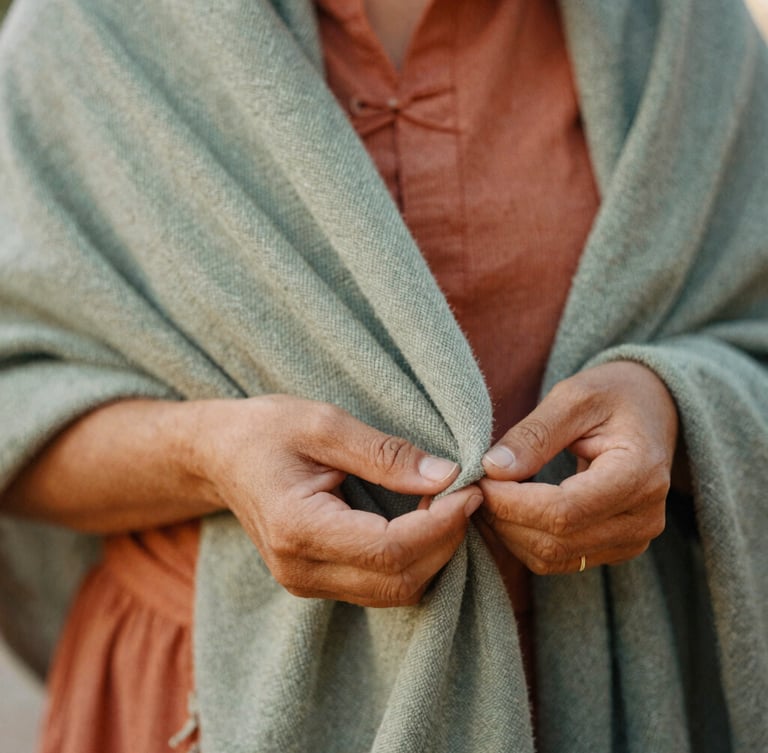 Close-up of traditional practitioner hands gently holding a woven cotton rebozo, warm filtered natural light, earthy terracotta tones, tactile fabric texture, 35mm film