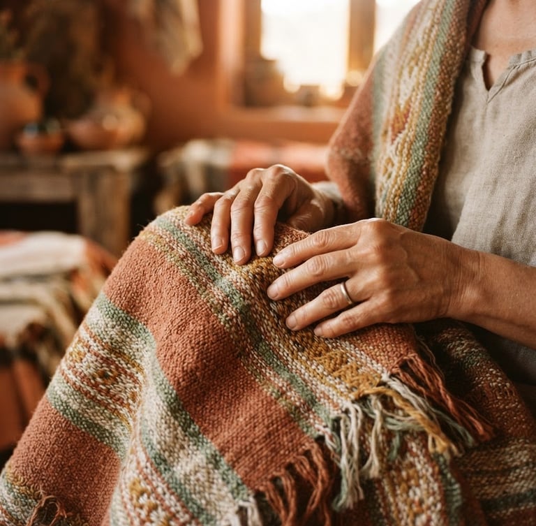 Close-up of warm hands gently holding a handwoven rebozo, soft filtered golden-hour light, earthy terracotta tones, tactile linen textures, 35mm film