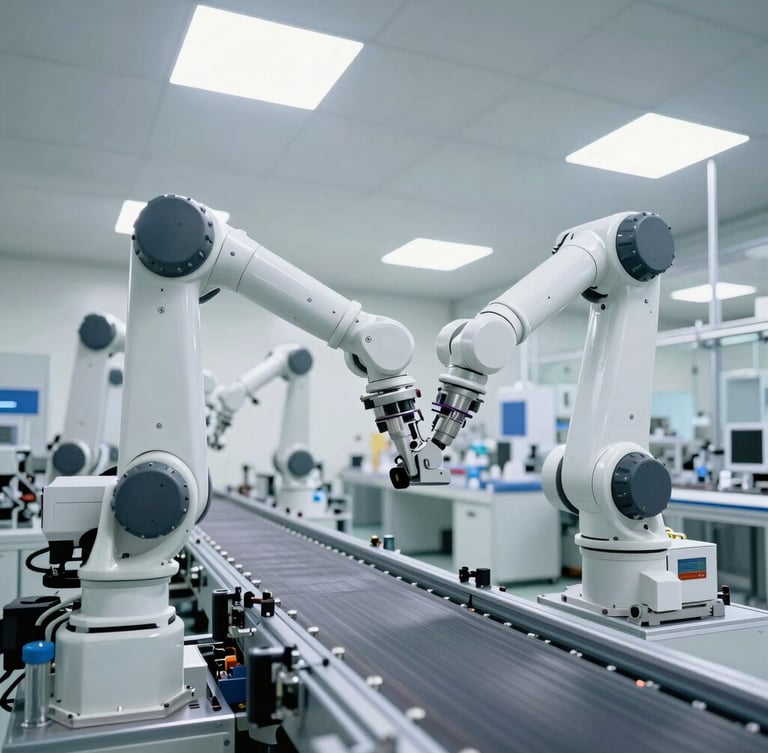 Wide-angle architectural shot of a clean, high-tech automated sorting facility, bright white laboratory lighting, robotic arms over a conveyor belt, cool technical tones.
