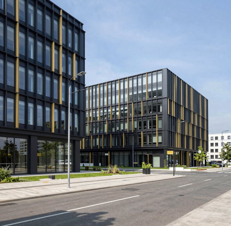 A professional architectural view of a modern corporate business park in Warsaw, Poland, clean lines, sharp natural daylight, 35mm lens, corporate atmosphere
